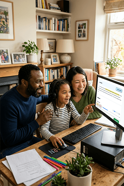 Family working on learning at home