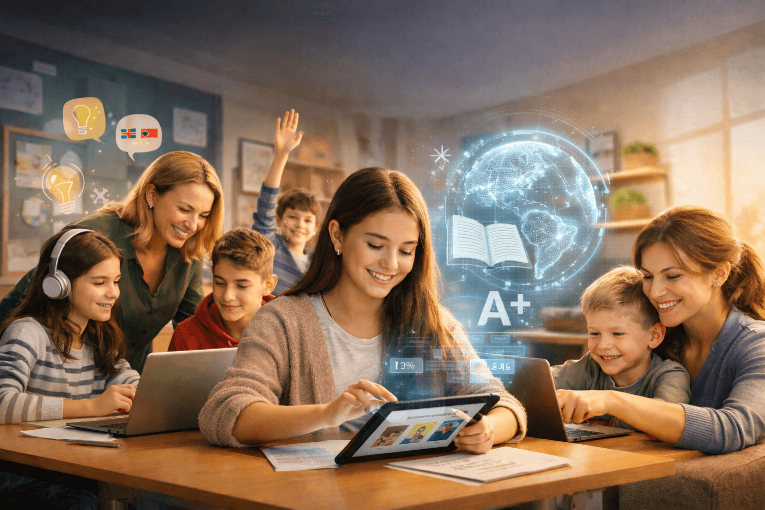 Illustration of a teacher and student using 321school