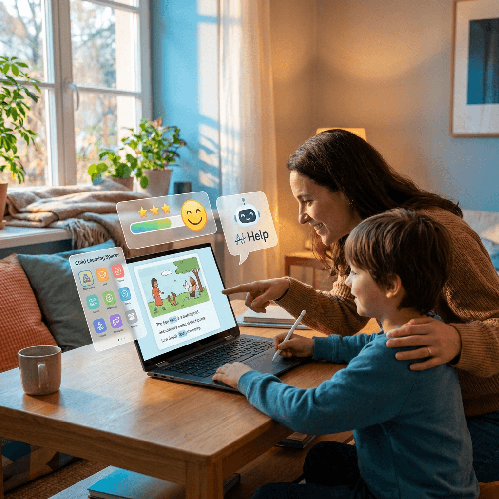 Parent helping a child learn at home